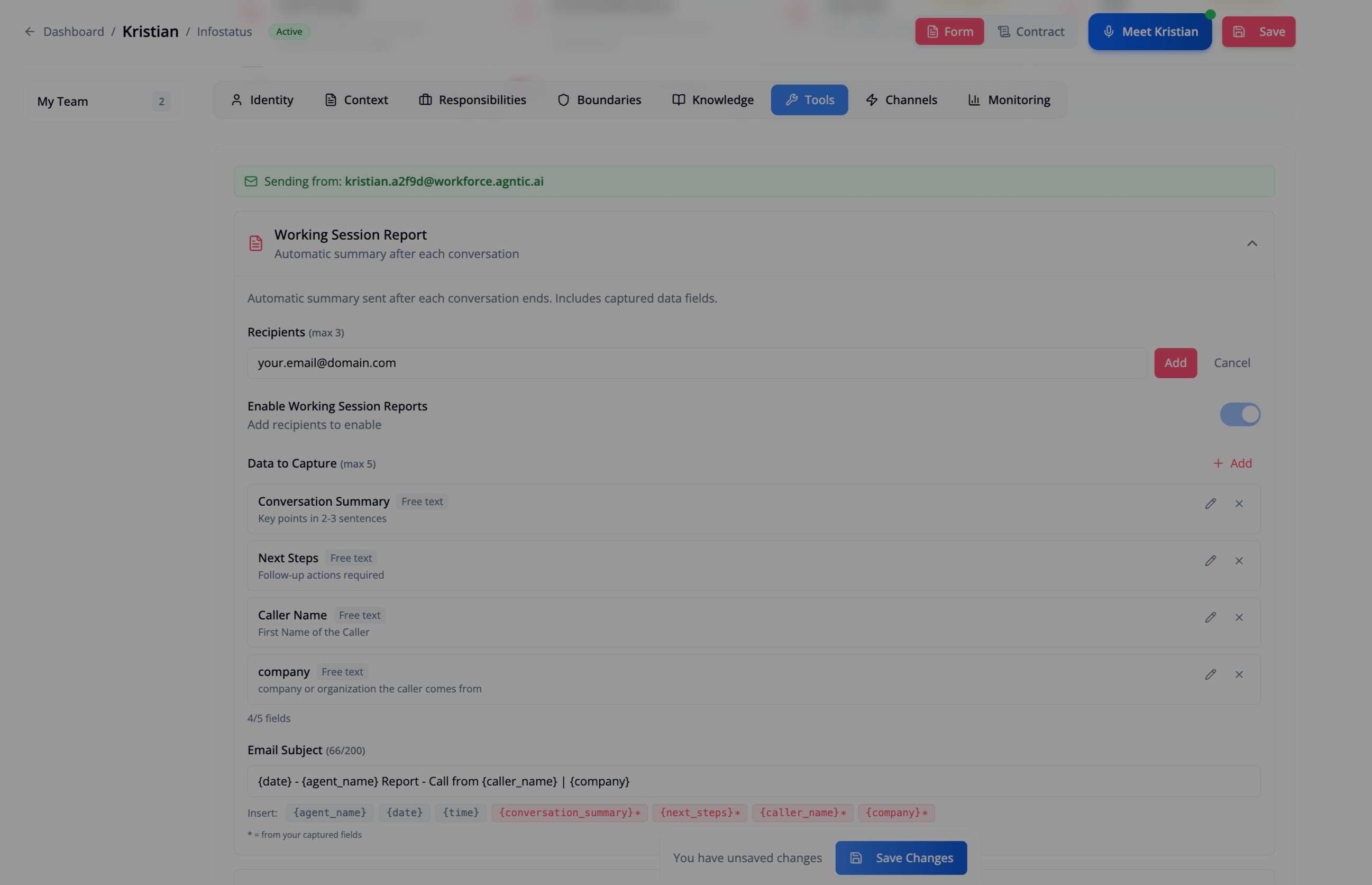 Working Session Report configuration showing Recipients field, Enable toggle, Data to Capture section with fields like Conversation Summary, Next Steps, Caller Name, and Company, plus Email Subject template
