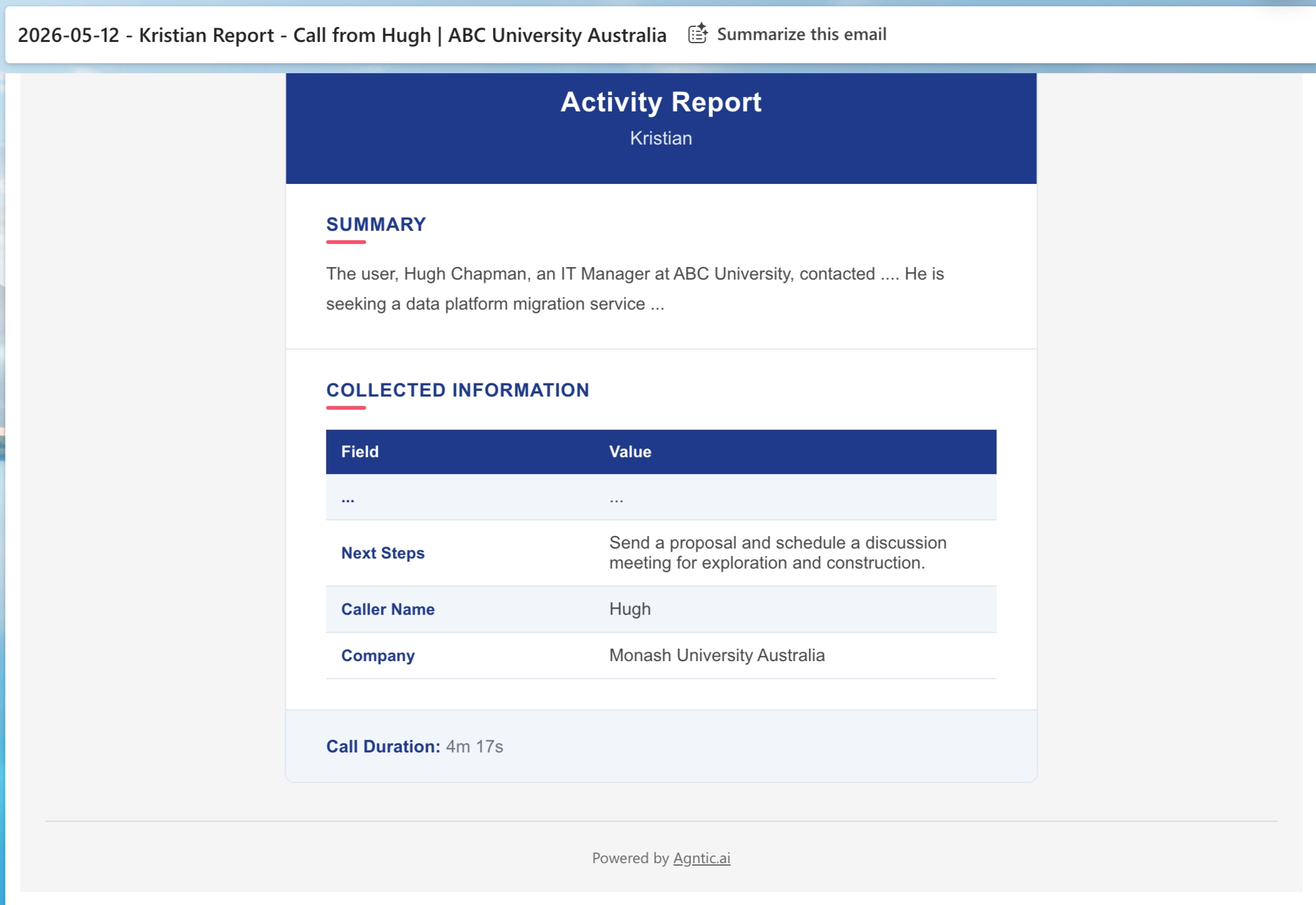 Activity Report email showing Summary section with conversation overview, Collected Information table with fields like Next Steps, Caller Name, and Company, and Call Duration at the bottom