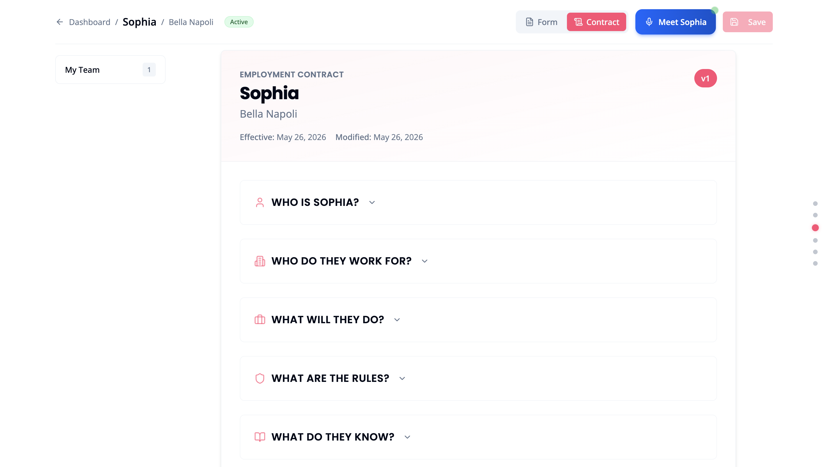 Worker profile in Contract view showing the Employment Contract for Sophia at Bella Napoli with version badge and collapsible sections for Who is Sophia, Who do they work for, What will they do, What are the rules, and What do they know
