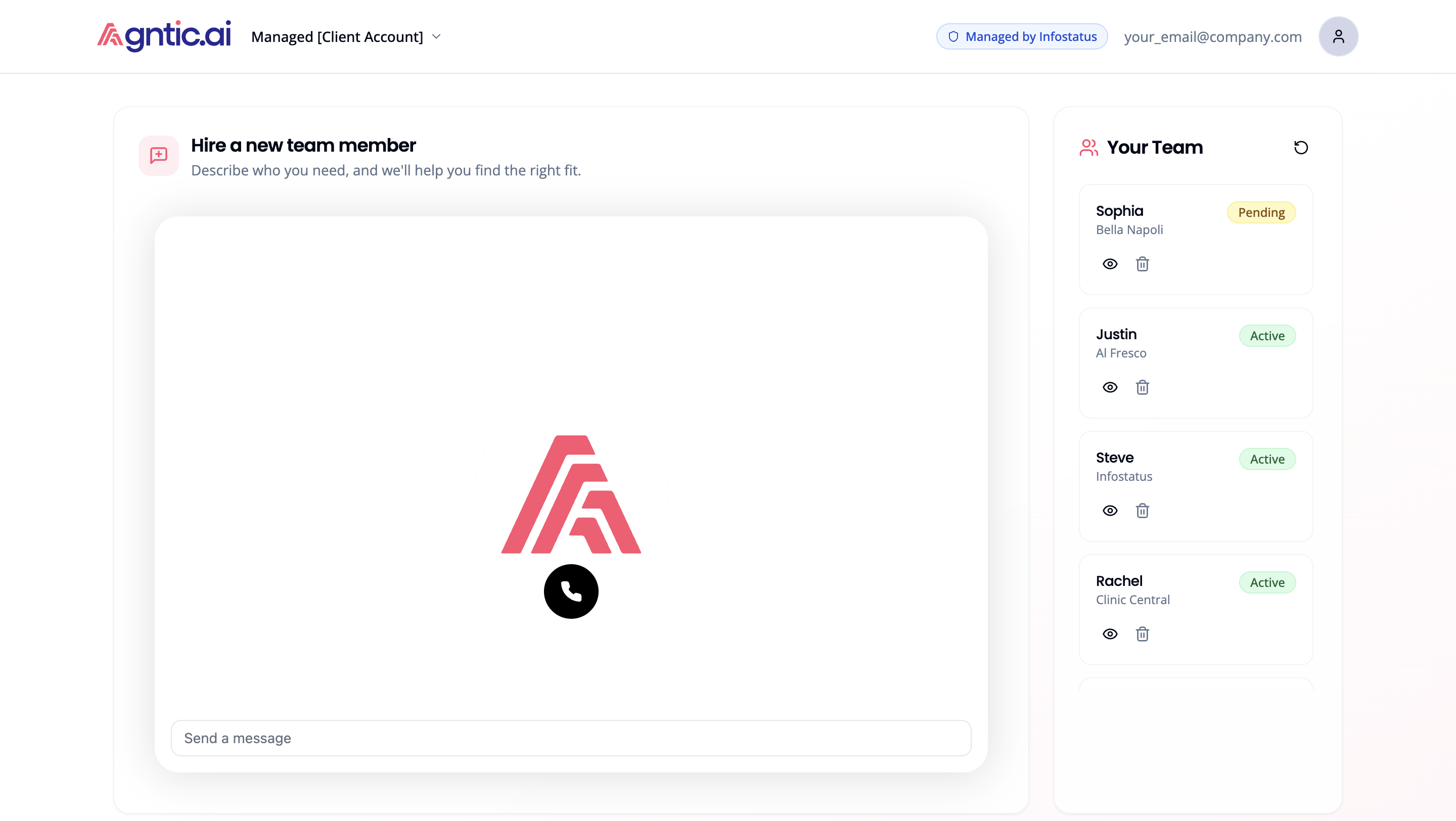 Agntic dashboard showing the Hire a new team member panel with a phone call button and the Your Team sidebar listing Sophia as Pending and other workers as Active